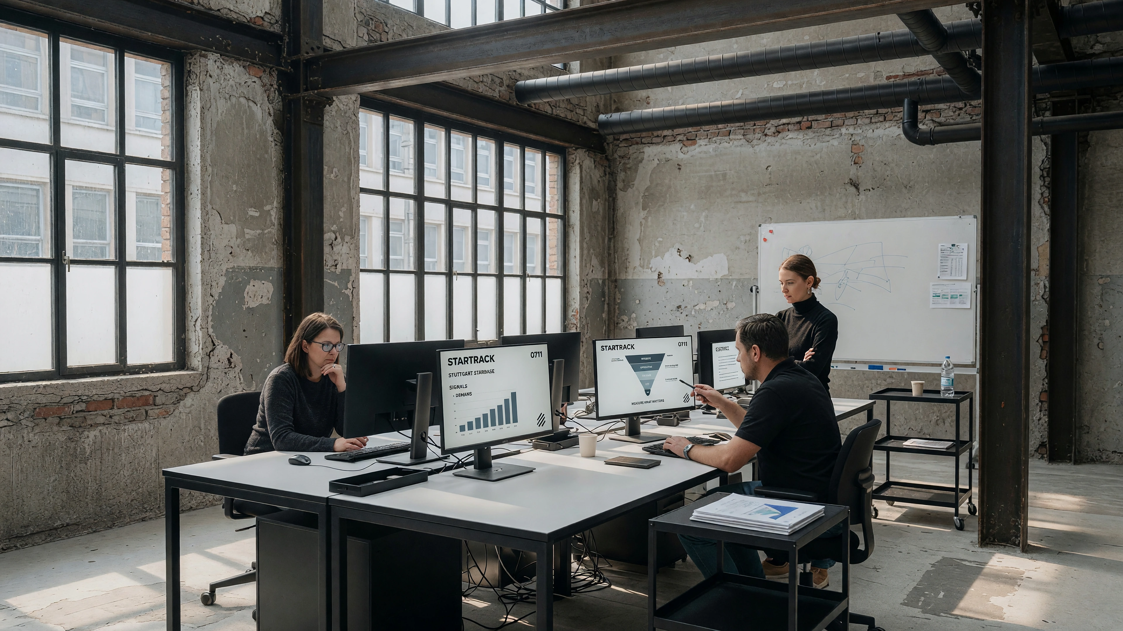 A Stuttgart marketing operations room with a small team reviewing restrained dashboards in an industrial workspace.